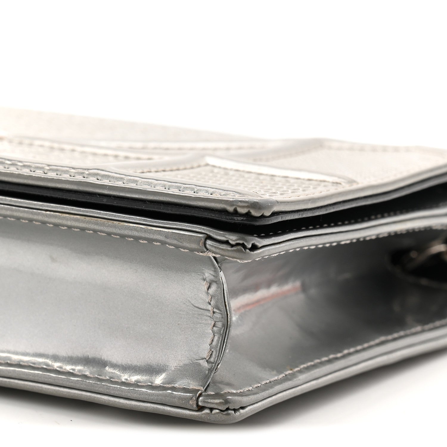 Metallic Patent Micro-Cannage D1ORama Wallet on Chain Pouch Silver