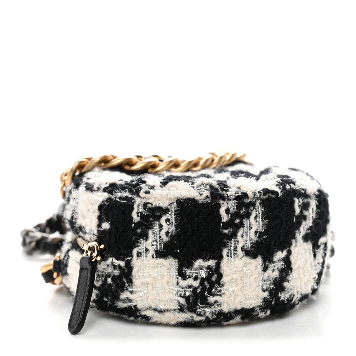 Wool Tweed Lambskin Quilted CHNL 19 Round Clutch With Chain and Coin Purse Black White