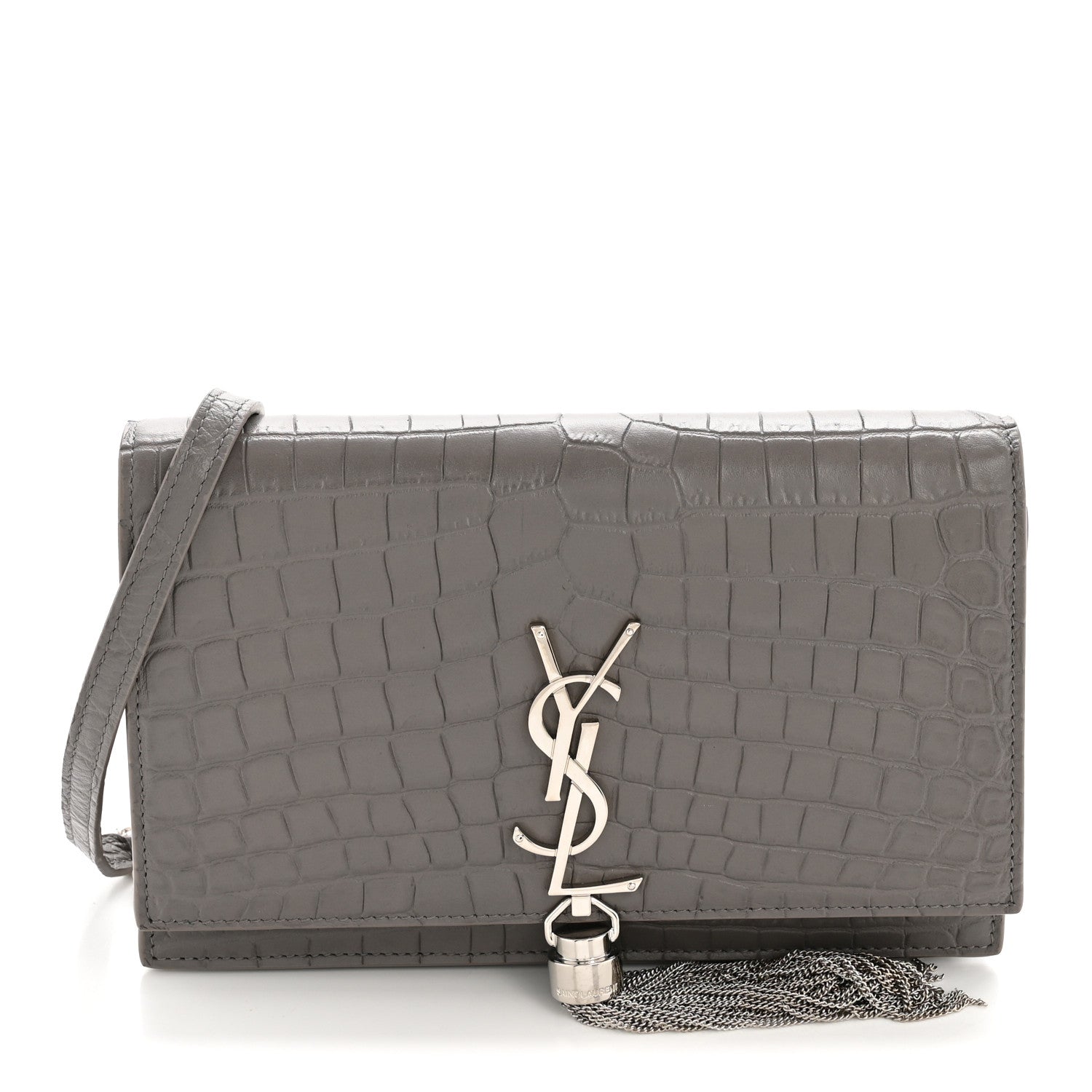 Calfskin Crocodile Embossed Kate Monogram Tassel Chain Wallet Fog