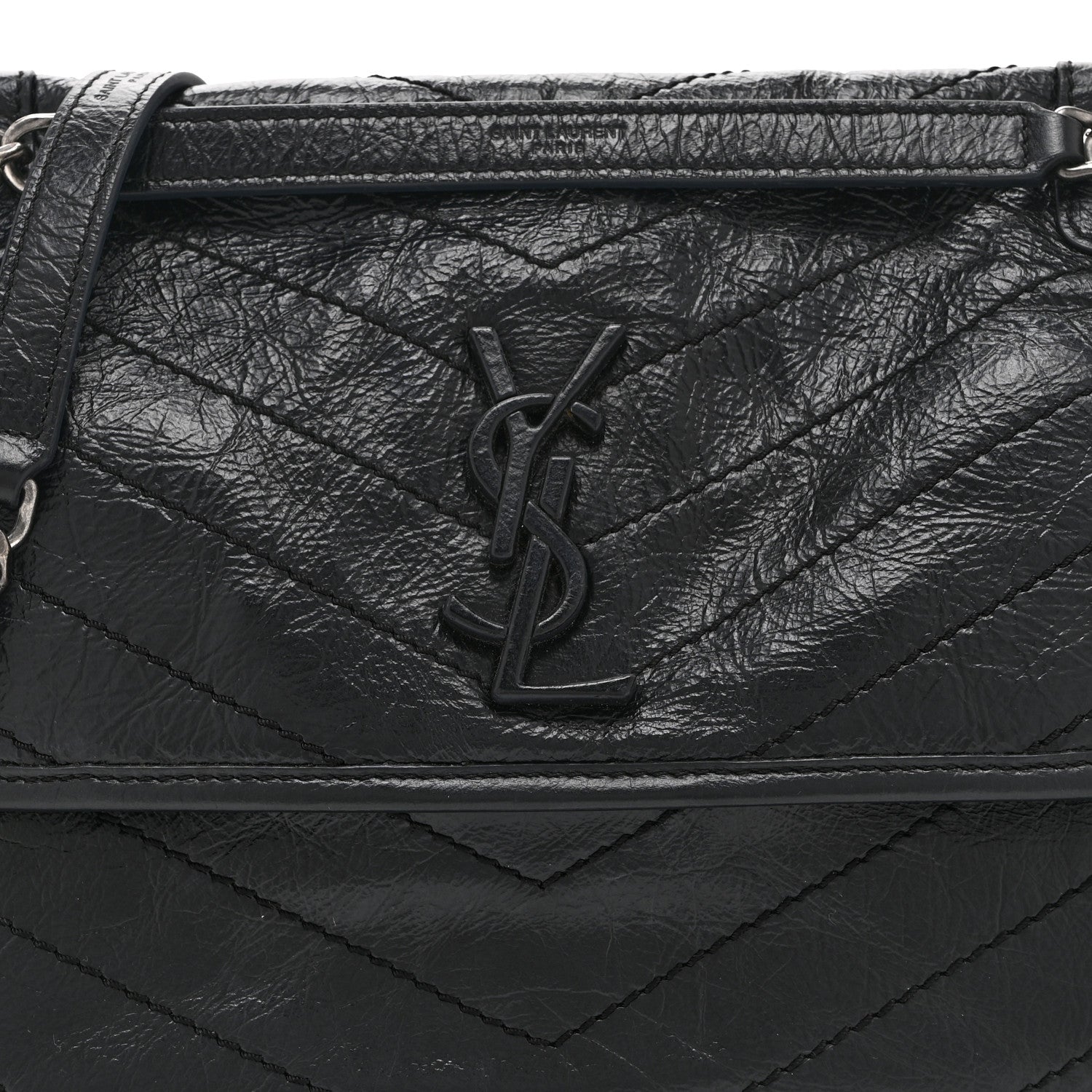 Crinkled Calfskin Matelasse Monogram Medium Niki Chain Satchel Black
