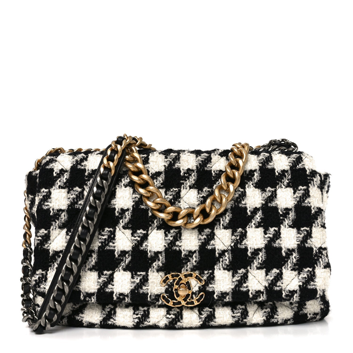 Tweed Quilted Maxi CHNL 19 Flap Black Ecru White