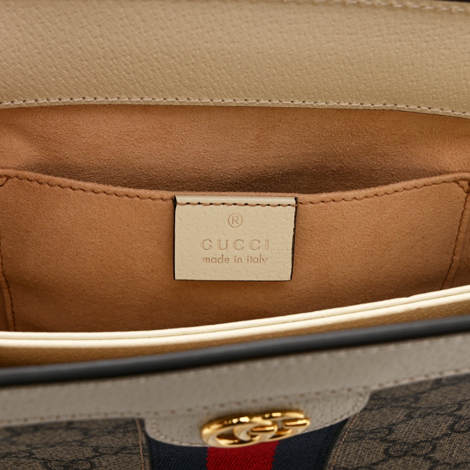 GG Supreme Monogram Textured Calfskin Web Small Ophidia Chain Shoulder Bag Beige Ebony Mystic White
