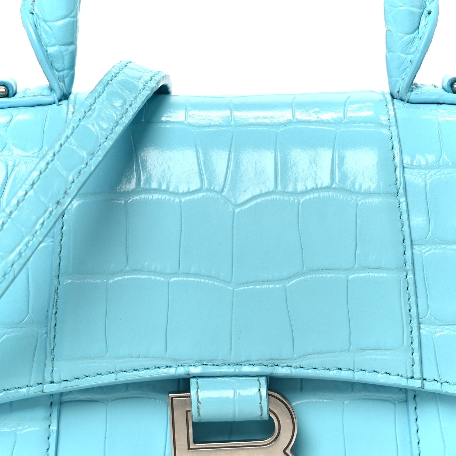 Shiny Calfskin Crocodile Embossed Hourglass Top Handle Bag XS Turquoise