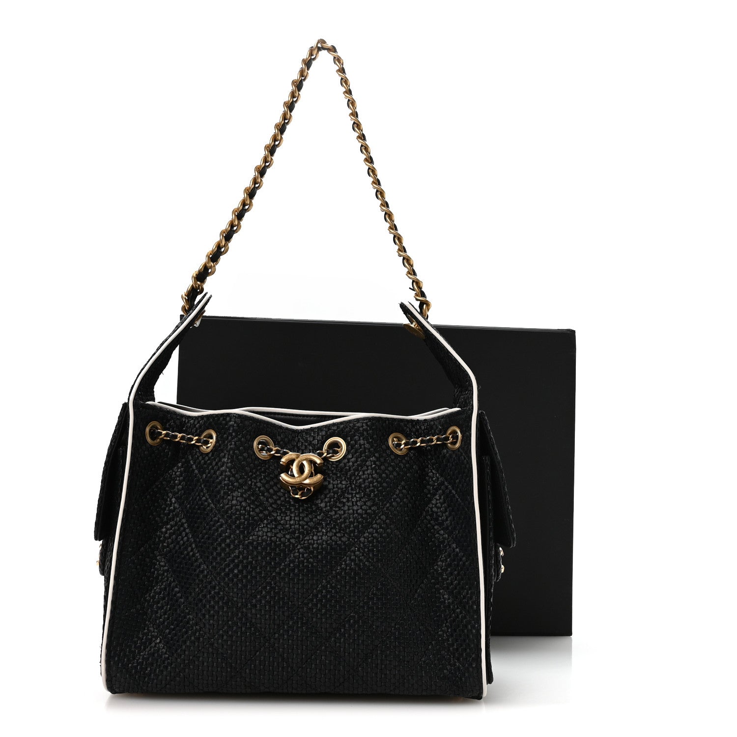 Braided Raffia Calfskin Small CHNL 25 Handbag Black White