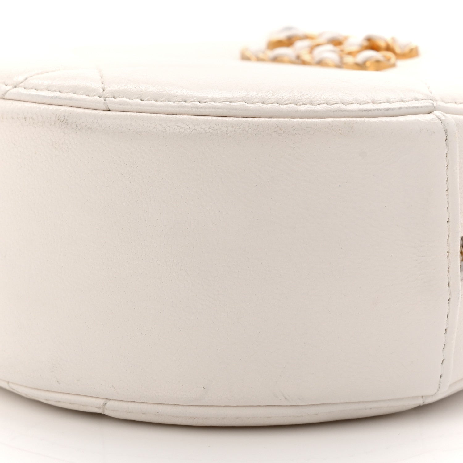 Shiny Goatskin Quilted CHNL 19 Round Clutch With Chain White
