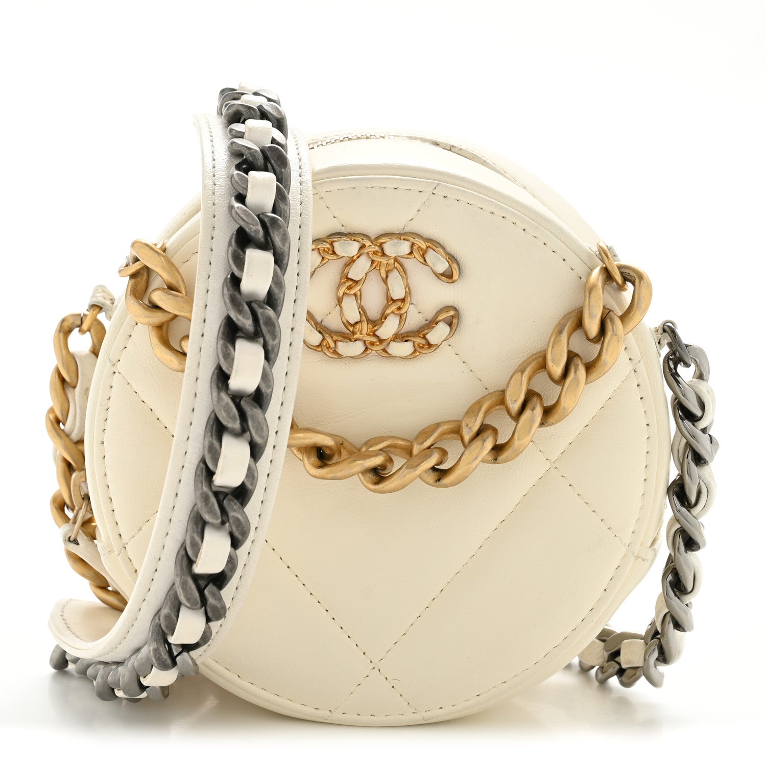 Lambskin Quilted CHNL 19 Round Clutch With Chain White