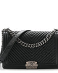 Wrinkled Lambskin Chevron Quilted New Medium Boy Flap Navy Blue