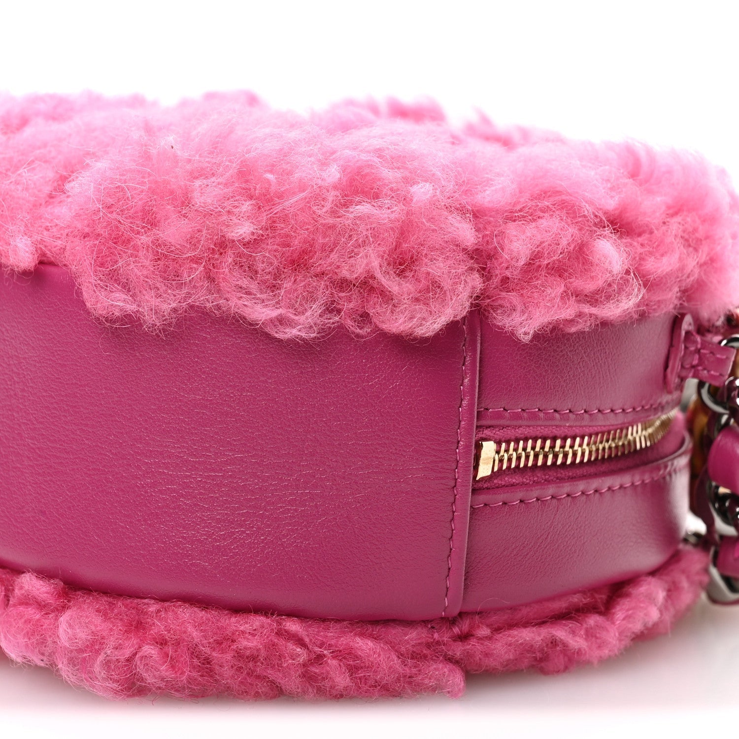 Shearling Sheepskin CHNL 19 Round Clutch With Chain Dark Pink