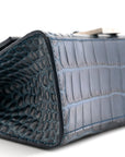 Shiny Calfskin Crocodile Embossed Hourglass Top Handle Bag XS Denim Blue