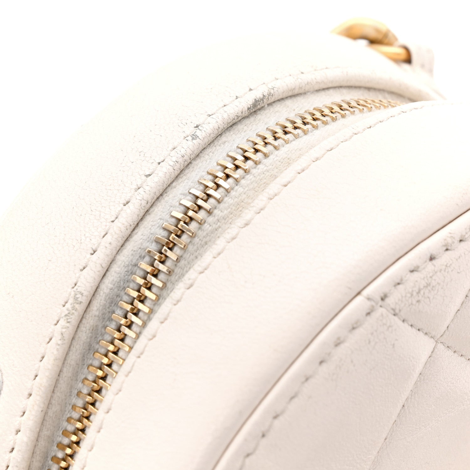 Shiny Goatskin Quilted CHNL 19 Round Clutch With Chain White