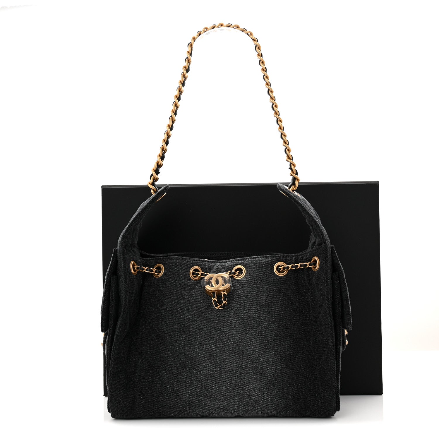 Washed Denim Quilted Small CHNL 25 Handbag Black