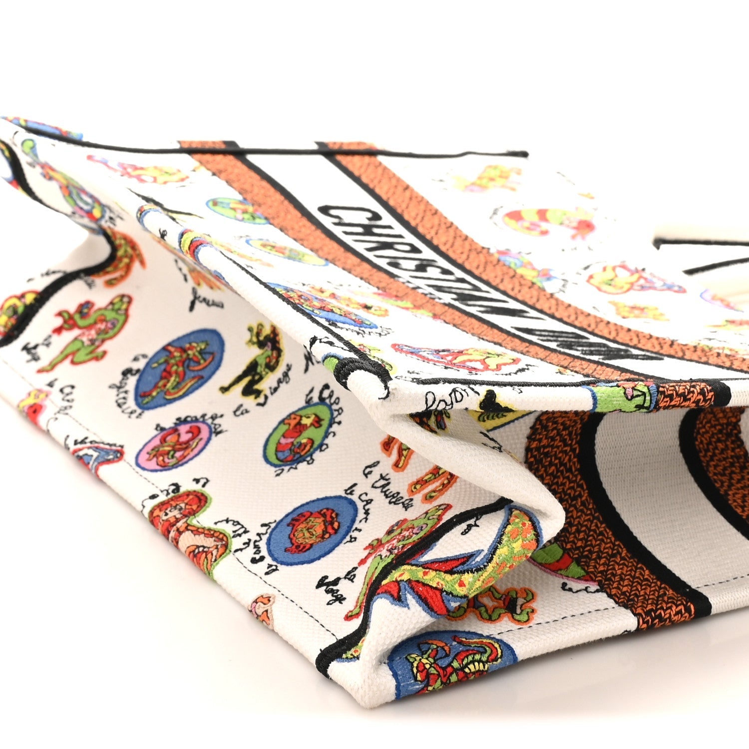 Canvas Embroidered Dragon Zodiac Medium Book Tote White Multicolor