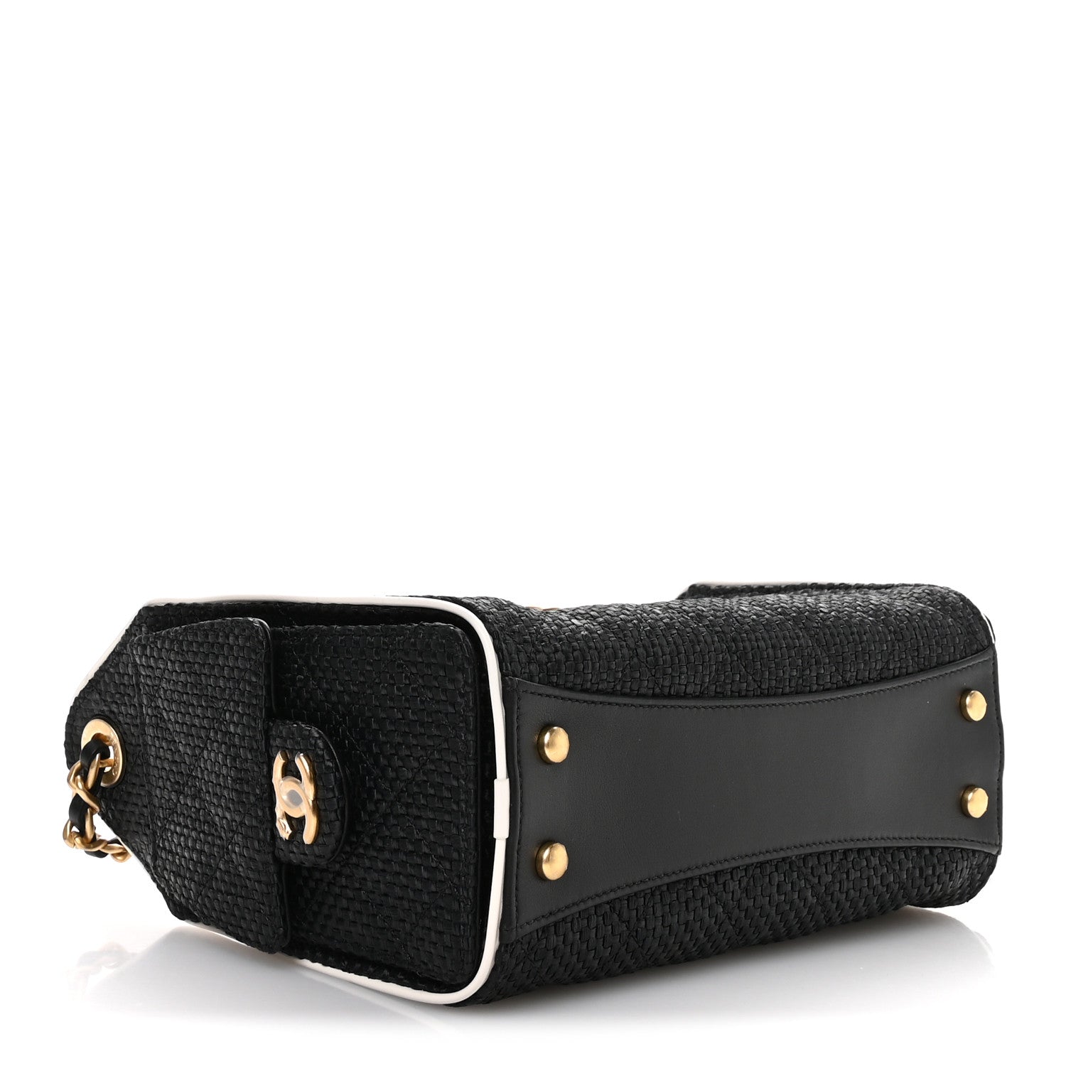 Braided Raffia Calfskin Quilted Mini CHNL 25 Handbag Black White