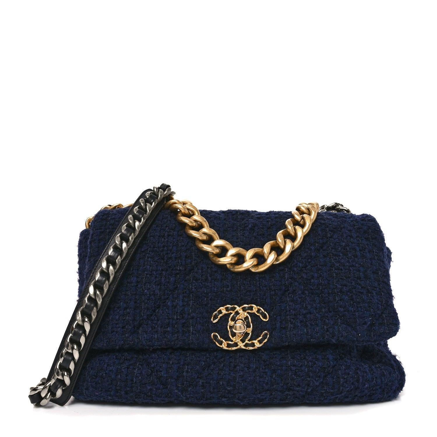 Tweed Quilted Large CHNL 19 Flap Navy Blue