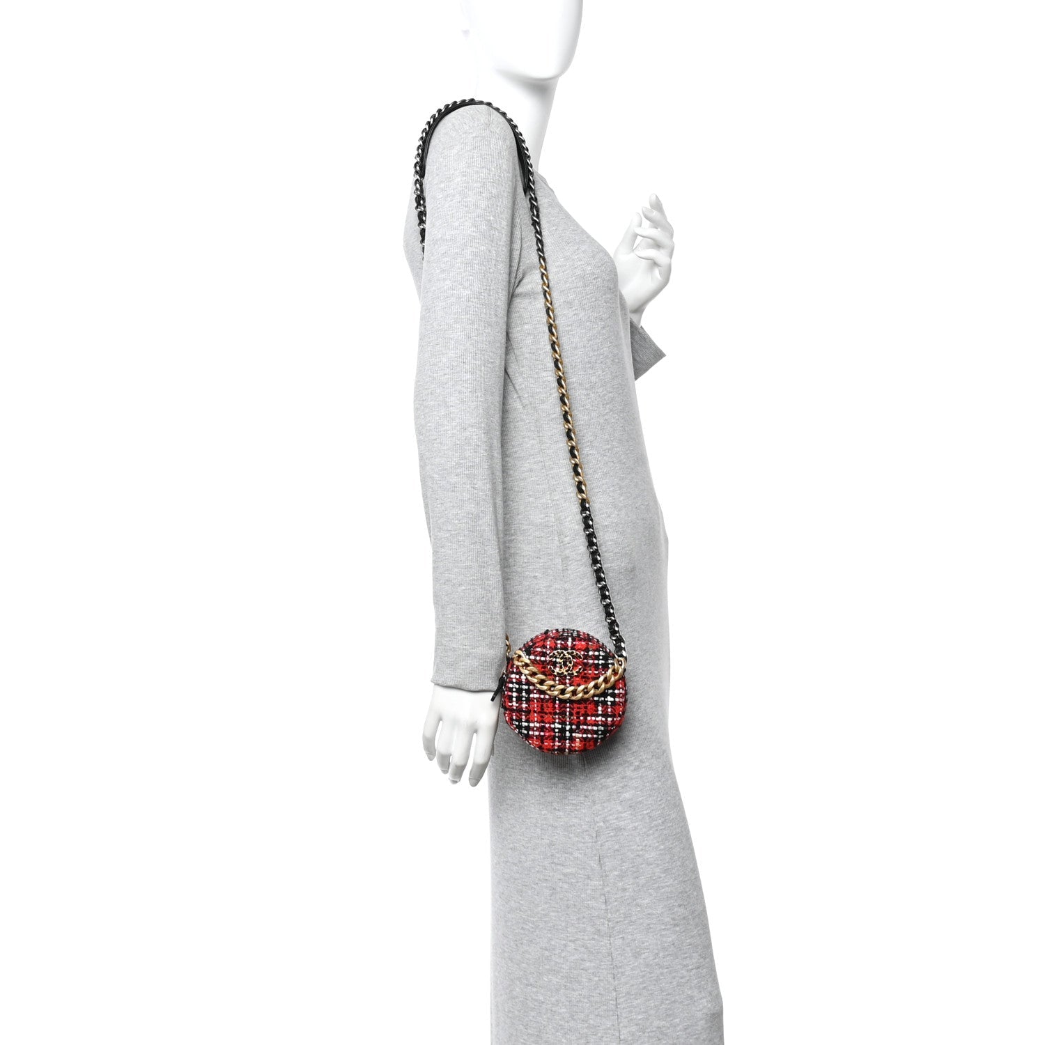 Tweed Quilted CHNL 19 Round Clutch With Chain  Red Black White Green