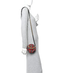 Tweed Quilted CHNL 19 Round Clutch With Chain  Red Black White Green