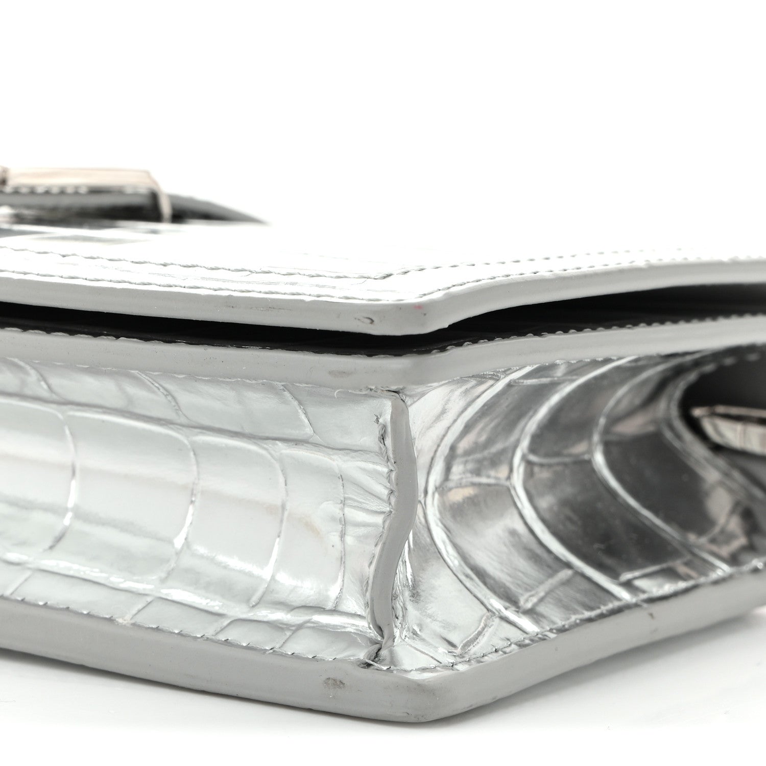 Metallic Crocodile Embossed Calfskin Greca Goddess Wallet On Chain Silver