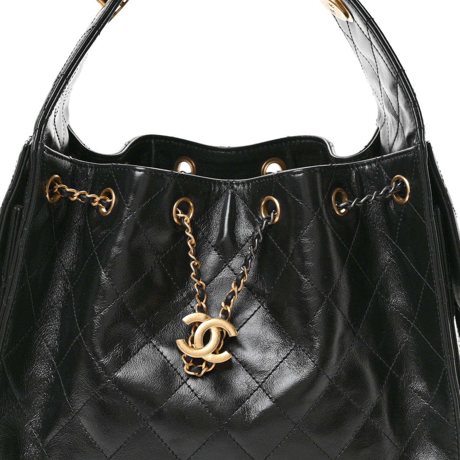 Shiny Crumpled Calfskin Quilted Small CHNL 25 Handbag Black