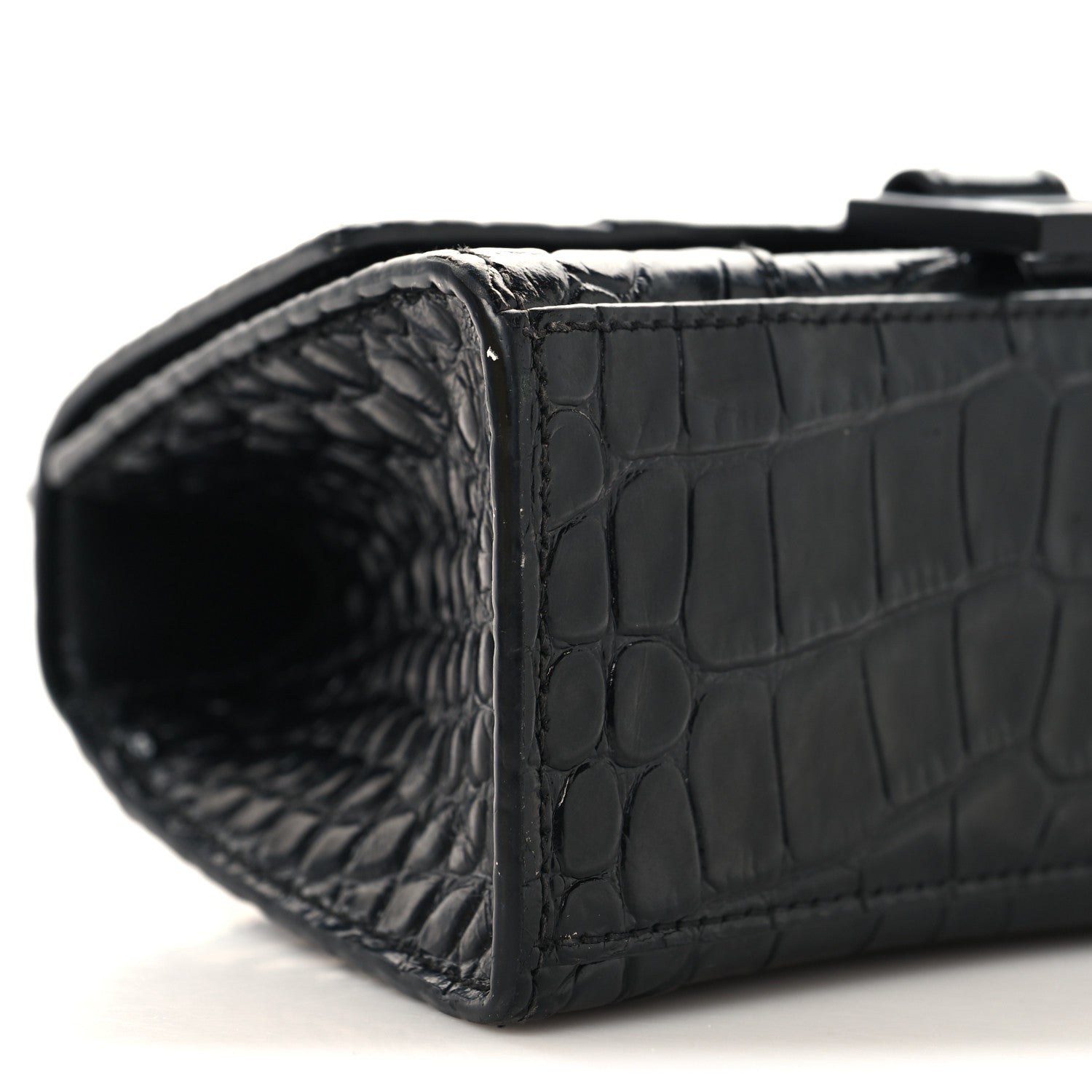 Shiny Calfskin Monochrome Crocodile Embossed Small Hourglass Top Handle Bag Black
