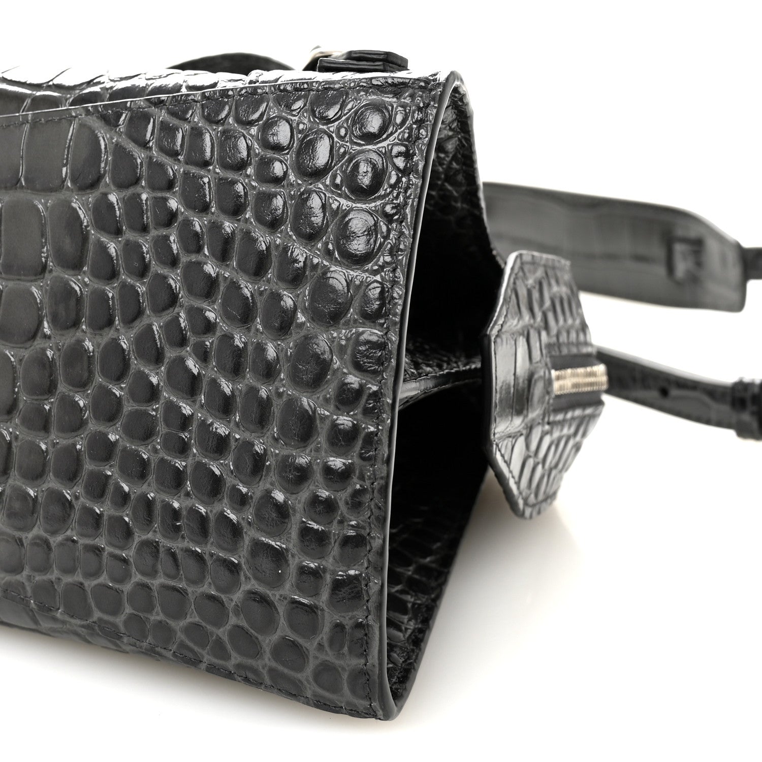 Shiny Supple Calfskin Crocodile Embossed Neo Classic Silver Hardware S City Dark Grey