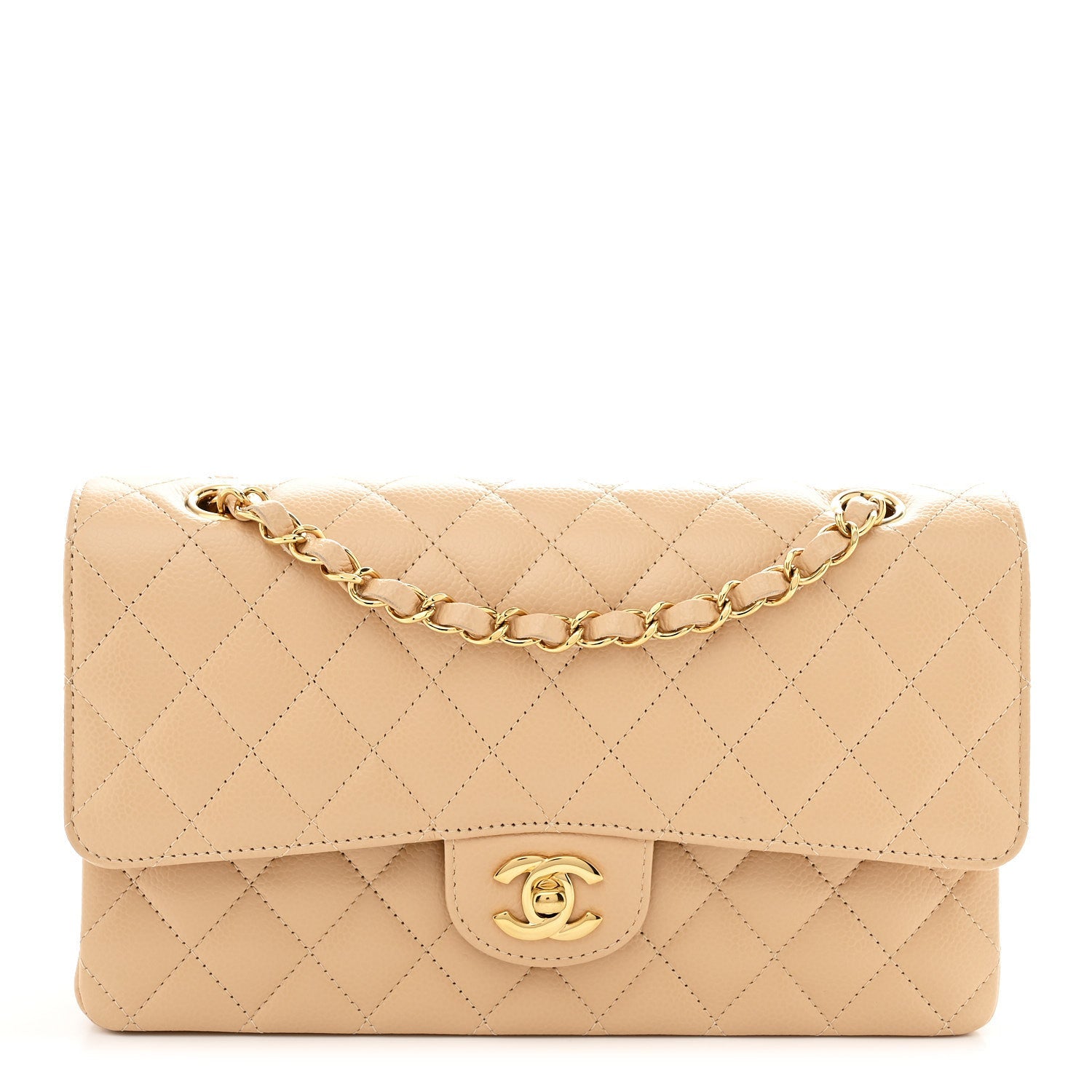 Caviar Quilted Medium Double Flap Beige