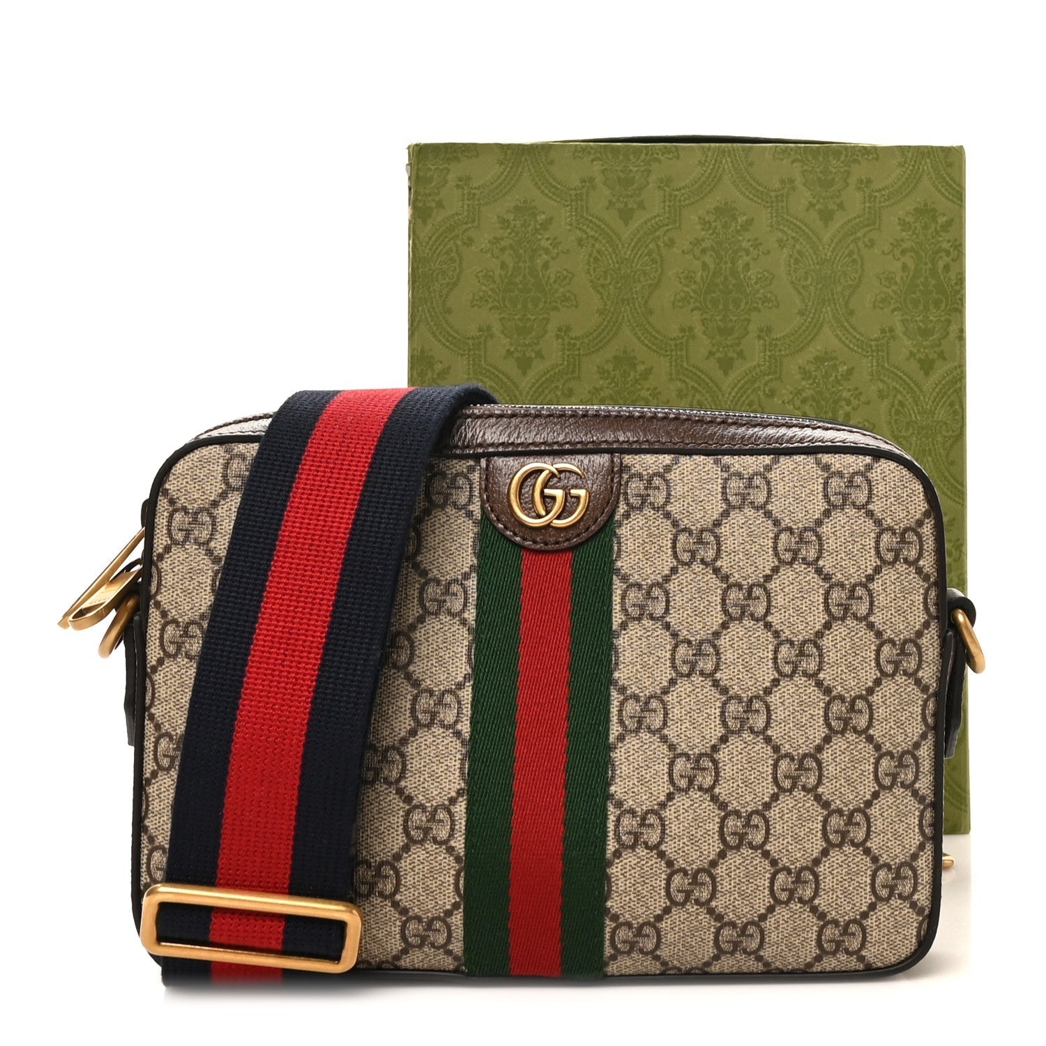 GG Supreme Monogram Textured Dollar Calfskin Web Ophidia Wristlet Shoulder Bag Beige Ebony New Acero
