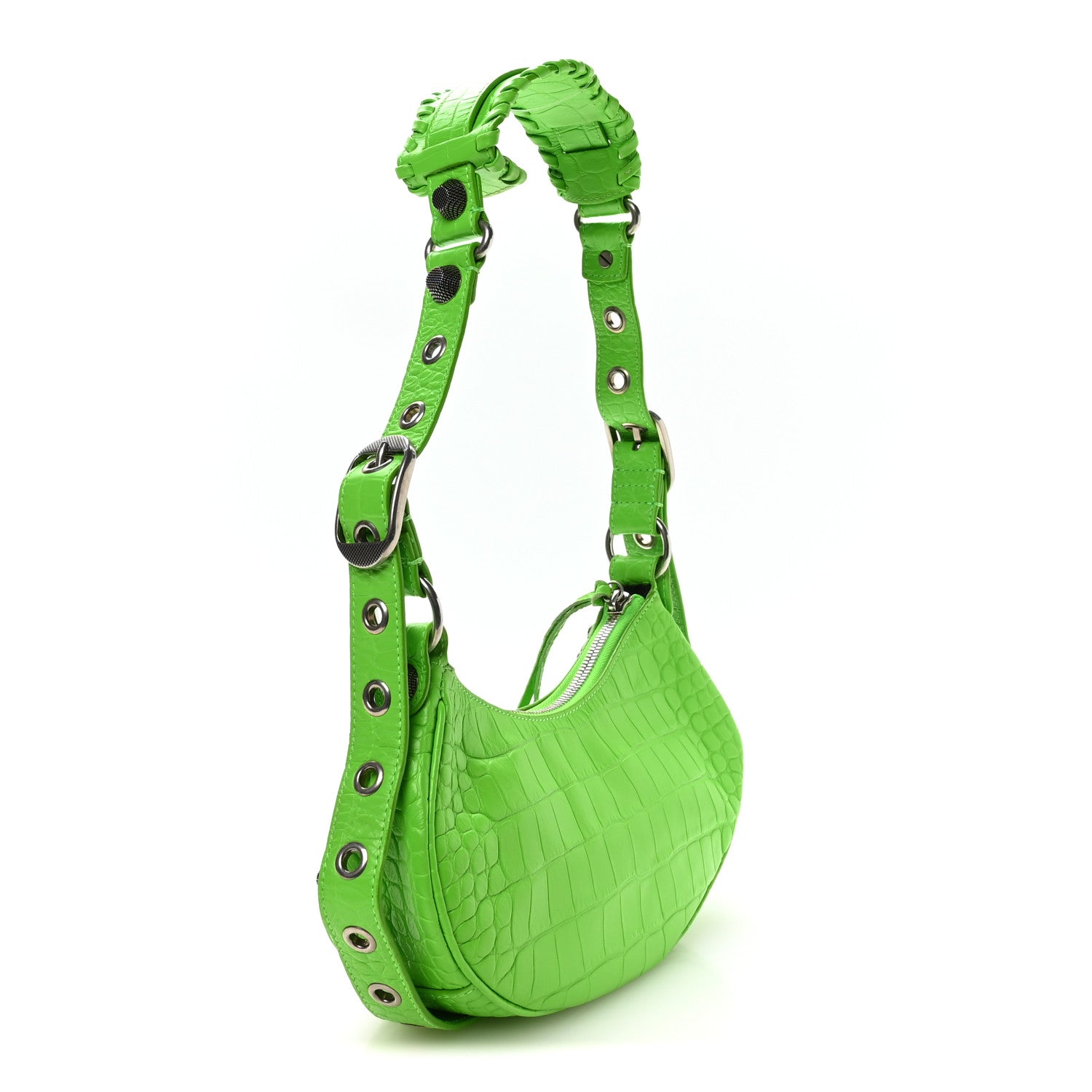 Extra Supple Calfskin Crocodile Embossed Le Cagole Shoulder Bag XS Acid Green