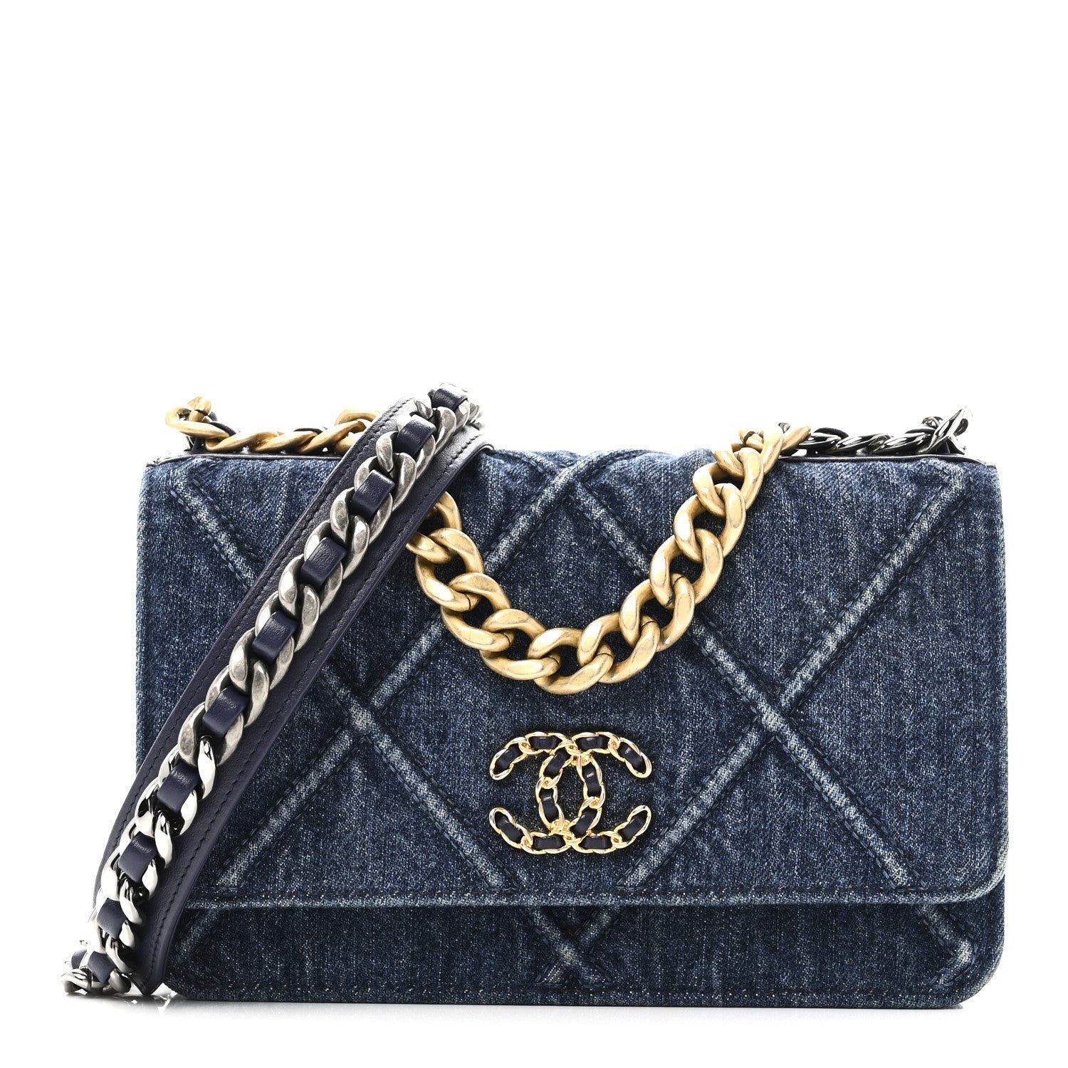 Denim Quilted CHNL 19 Wallet On Chain WOC Blue