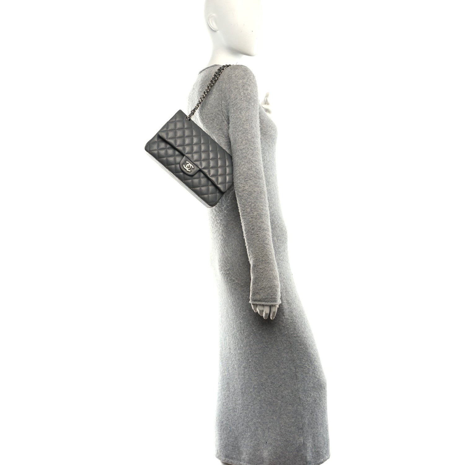Caviar Quilted Medium Double Flap Grey