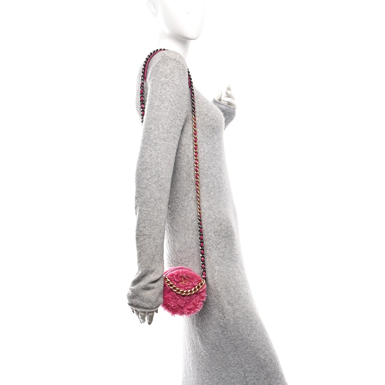 Shearling Sheepskin CHNL 19 Round Clutch With Chain Dark Pink