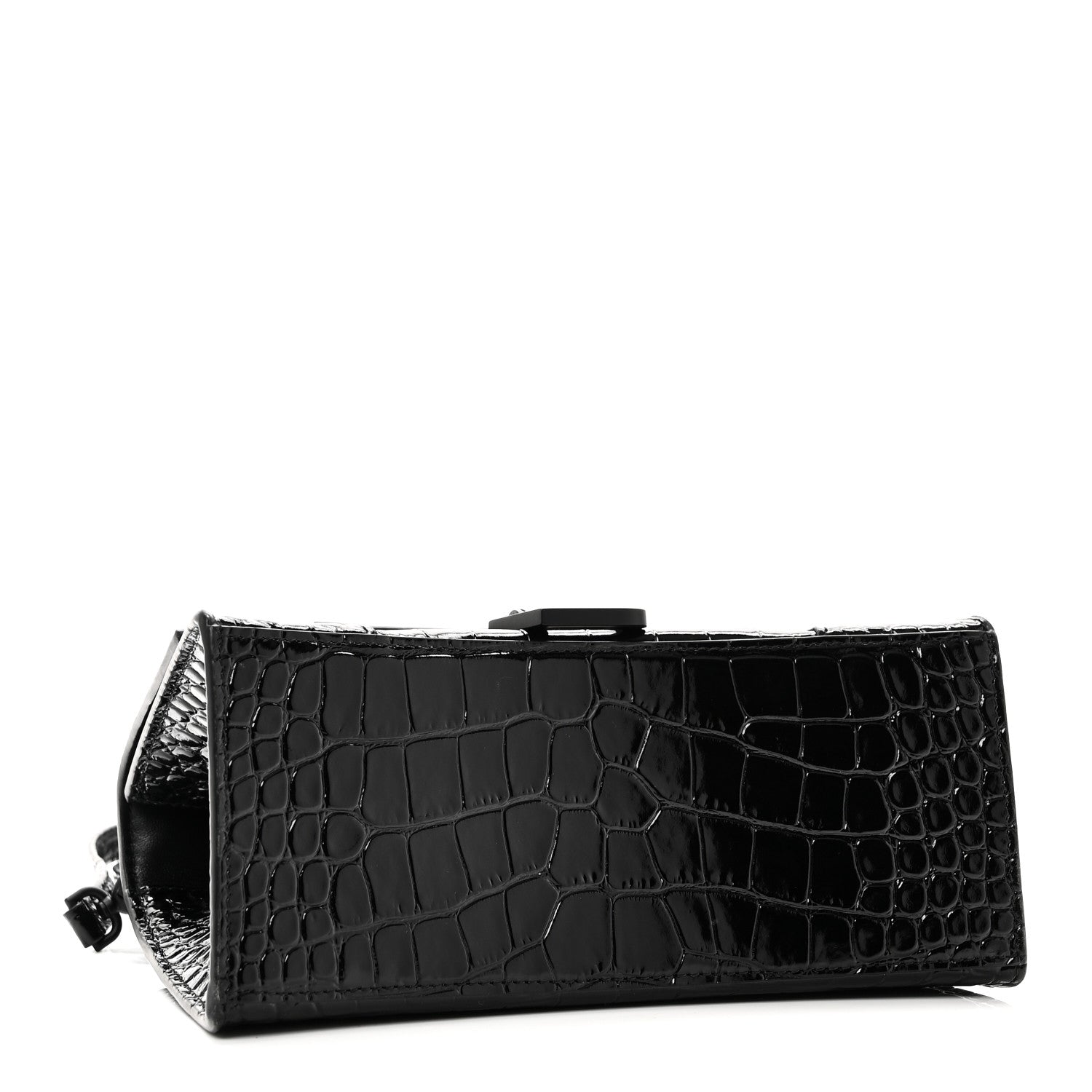 Shiny Calfskin Monochrome Crocodile Embossed Small Hourglass Top Handle Bag Black