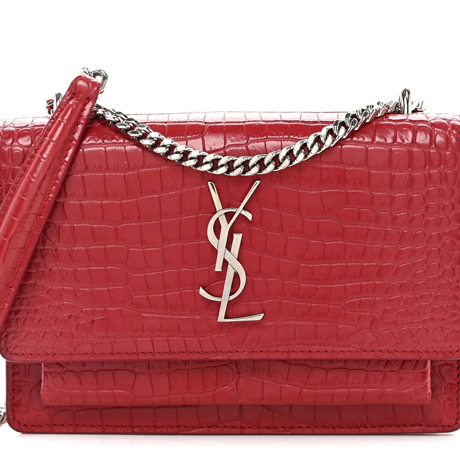 Calfskin Crocodile Embossed Monogram Sunset Chain Wallet Rouge Eros