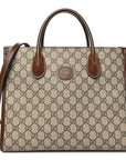 GG Supreme Monogram Azalea Calfskin Small Retro Interlocking G Tote Bag Beige Ebony Brown Sugar