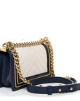 Calfskin Chevron Quilted Braided Small Boy Flap White Navy