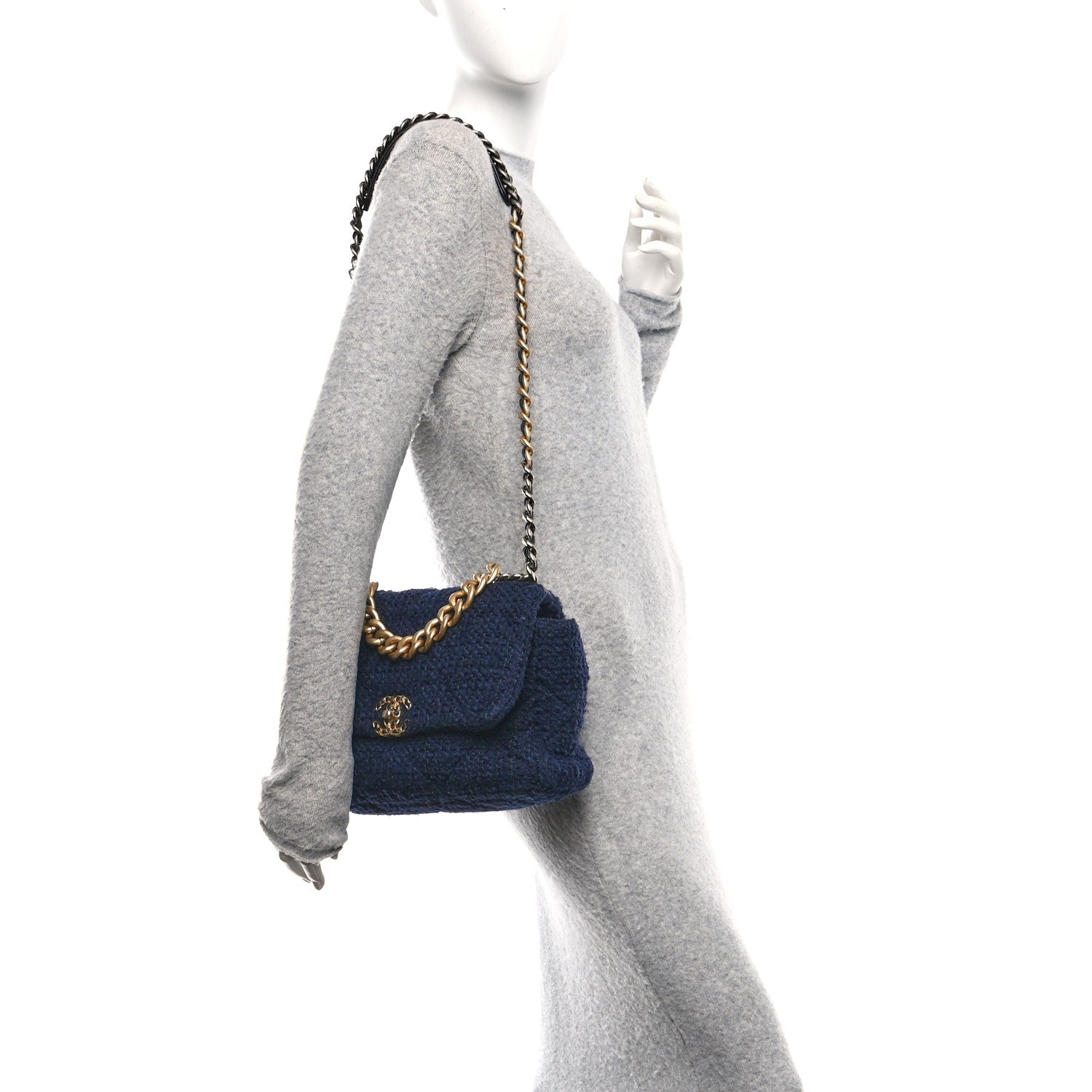 Tweed Quilted Large CHNL 19 Flap Navy Blue