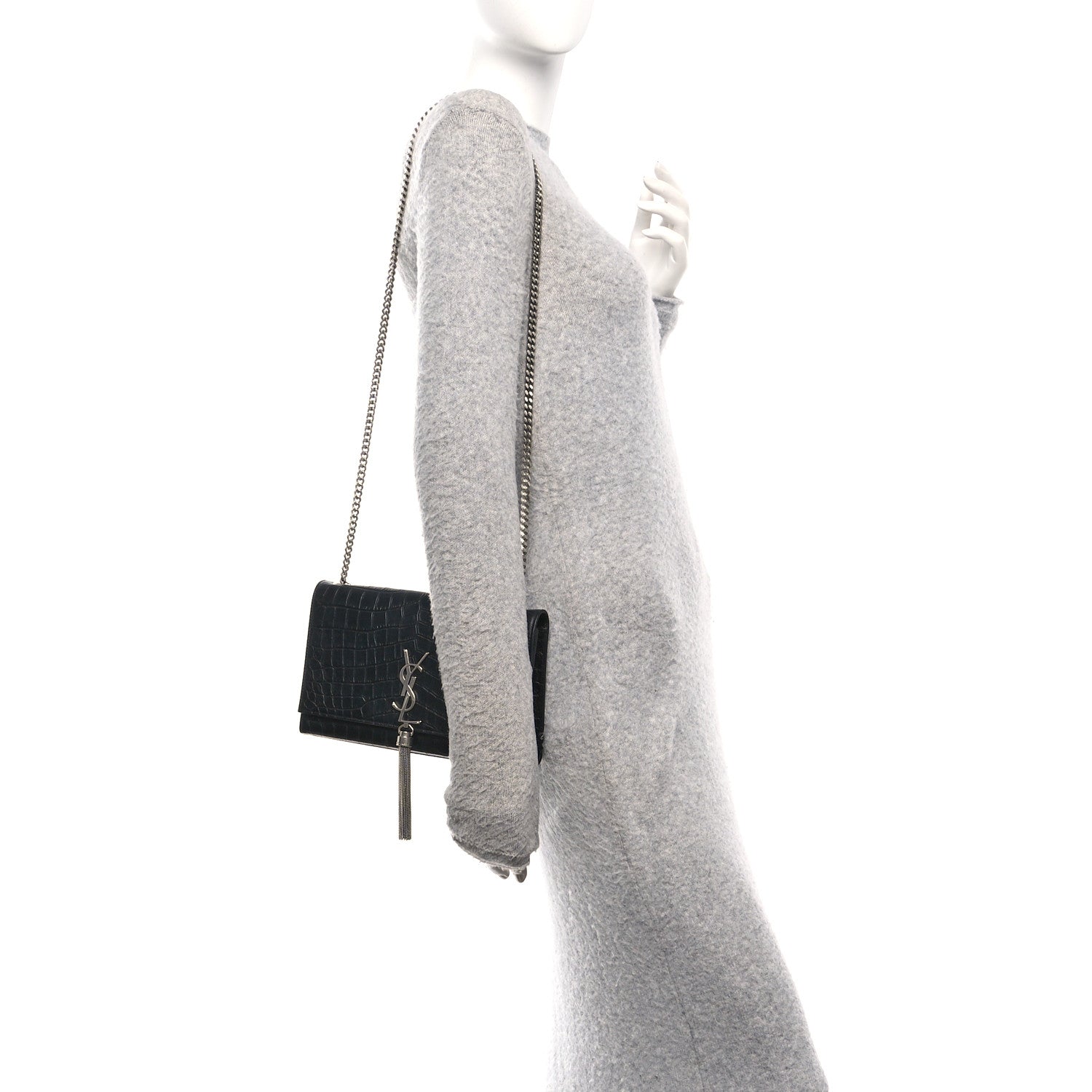Calfskin Crocodile Embossed Medium Classic Monogram Kate Tassel Satchel Black