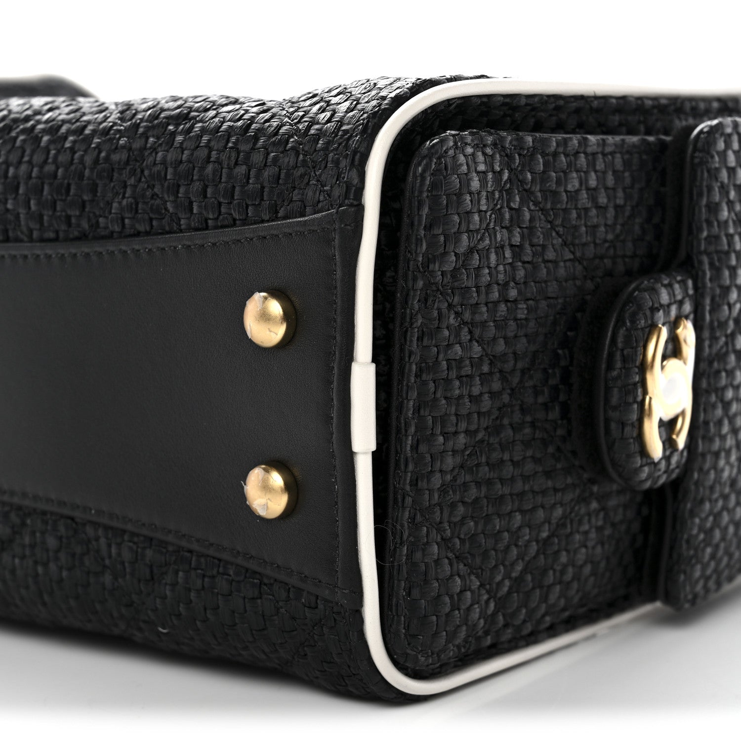 Braided Raffia Calfskin Quilted Mini CHNL 25 Handbag Black White