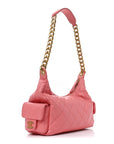 Shiny Lambskin Quilted Trendy Pockets Hobo Coral Pink
