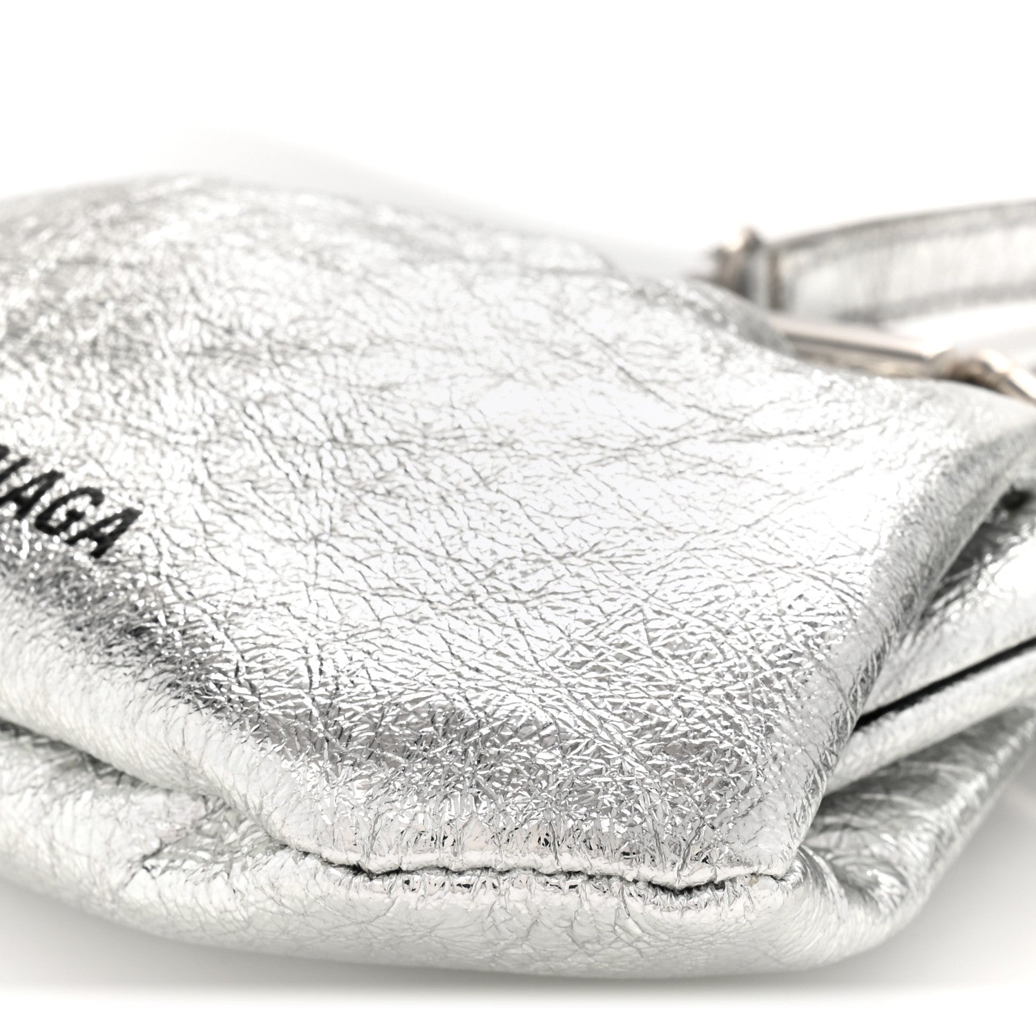 Metallic Textured Calfskin Logo Cloud Coin Purse With Strap Silver