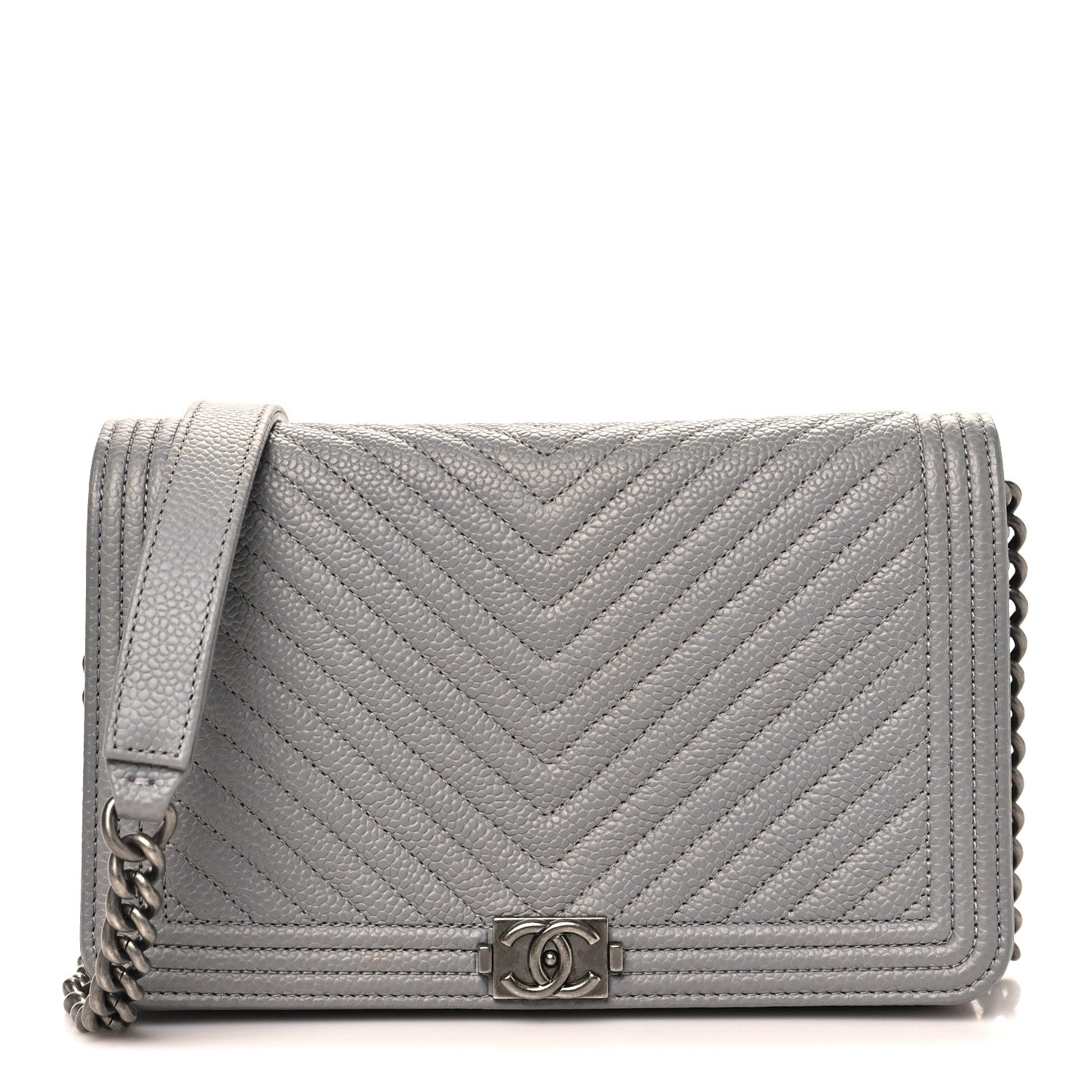 Caviar Chevron Quilted Boy Wallet On Chain WOC Grey