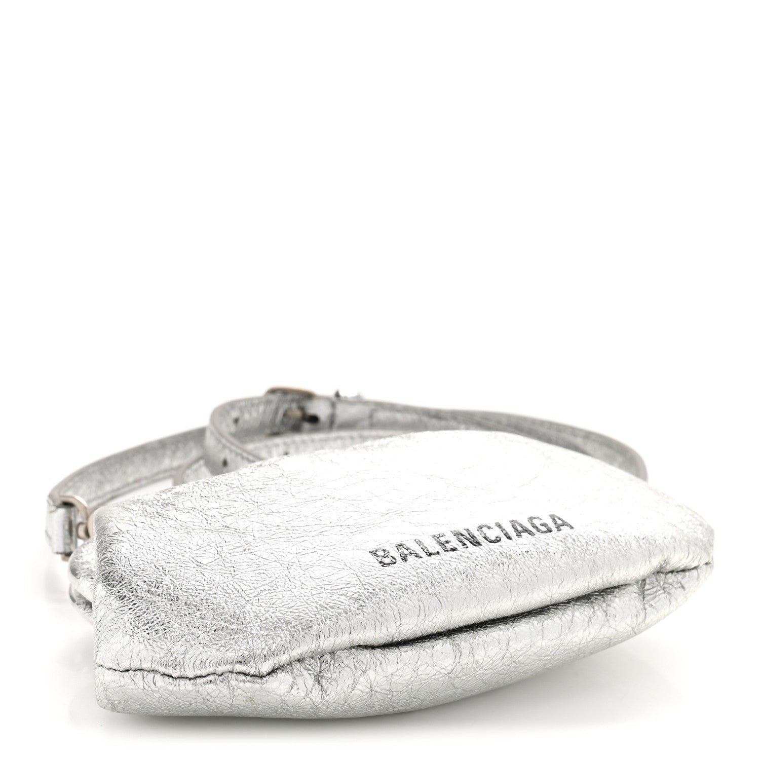 Metallic Textured Calfskin Logo Cloud Coin Purse With Strap Silver