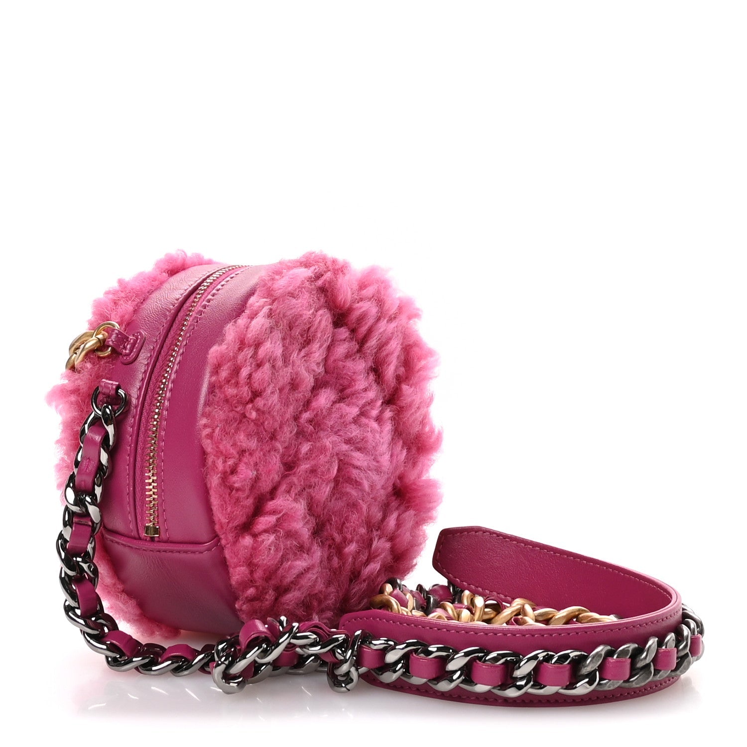 Shearling Sheepskin CHNL 19 Round Clutch With Chain Dark Pink