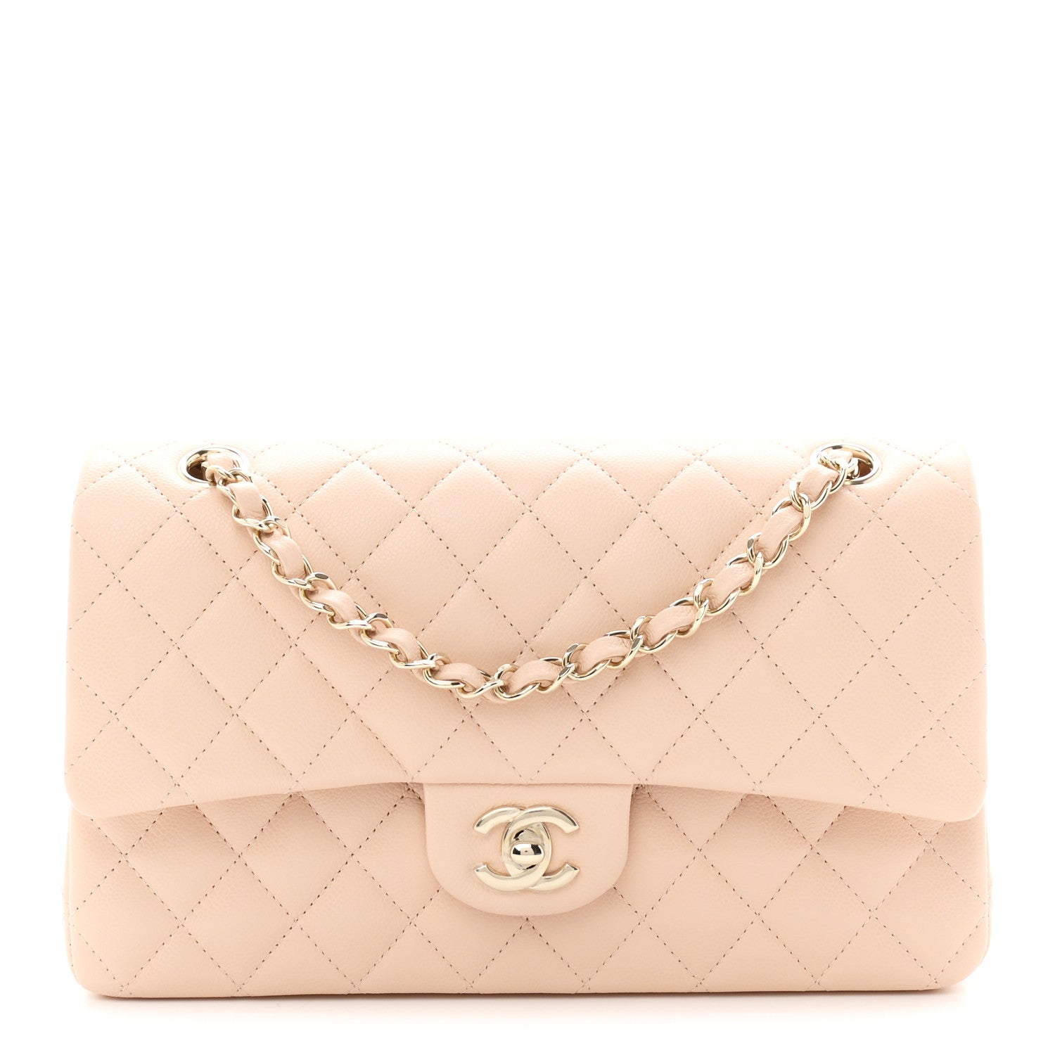 Caviar Quilted Medium Double Flap Beige