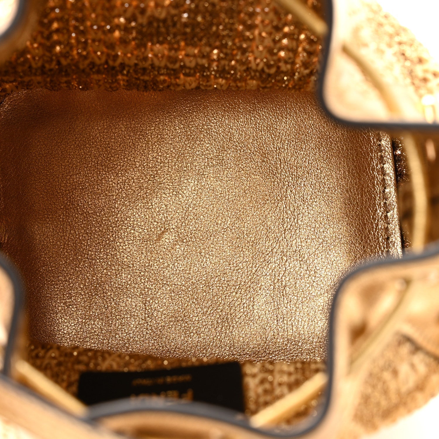 Raffia Lurex Vitello Laminato F is FNDI FF Crochet Mini Mon Tresor Bucket Bag Natural Oro