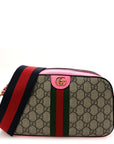 GG Supreme Monogram Textured Dollar Calfskin Web Ophidia Small Crossbody Bag Beige Ebony Fuchsia