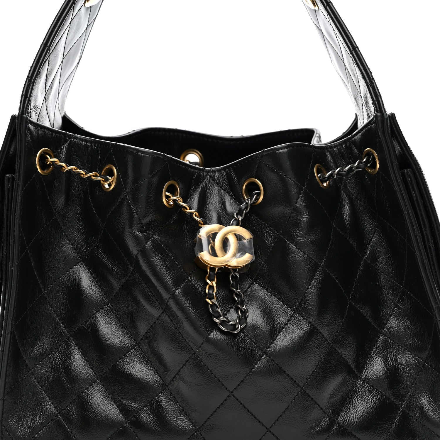 Shiny Crumpled Calfskin Quilted Small CHNL 25 Handbag Black