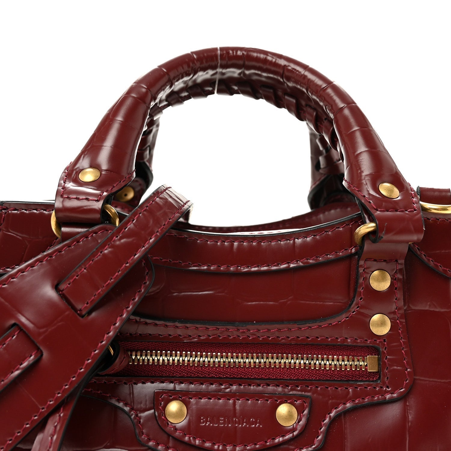 Semi Shiny Calfskin Crocodile Embossed Neo Classic Gold Hardware Mini City Dark Red