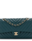 Caviar Chevron Quilted Medium Double Flap  Green