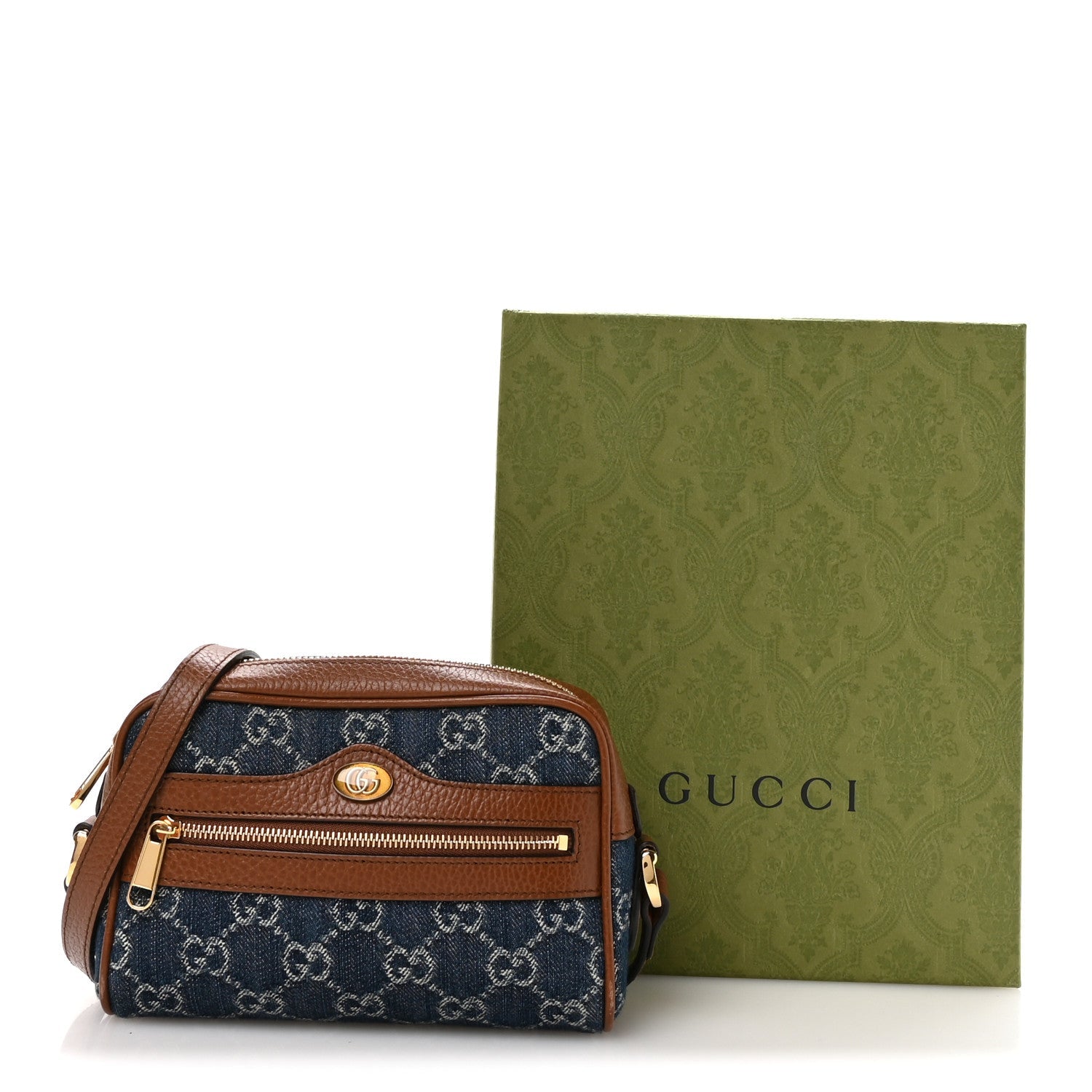 New Denim GG Monogram Dollar Calfskin Mini Ophidia Shoulder Bag Blue Tea Cuir Epilog