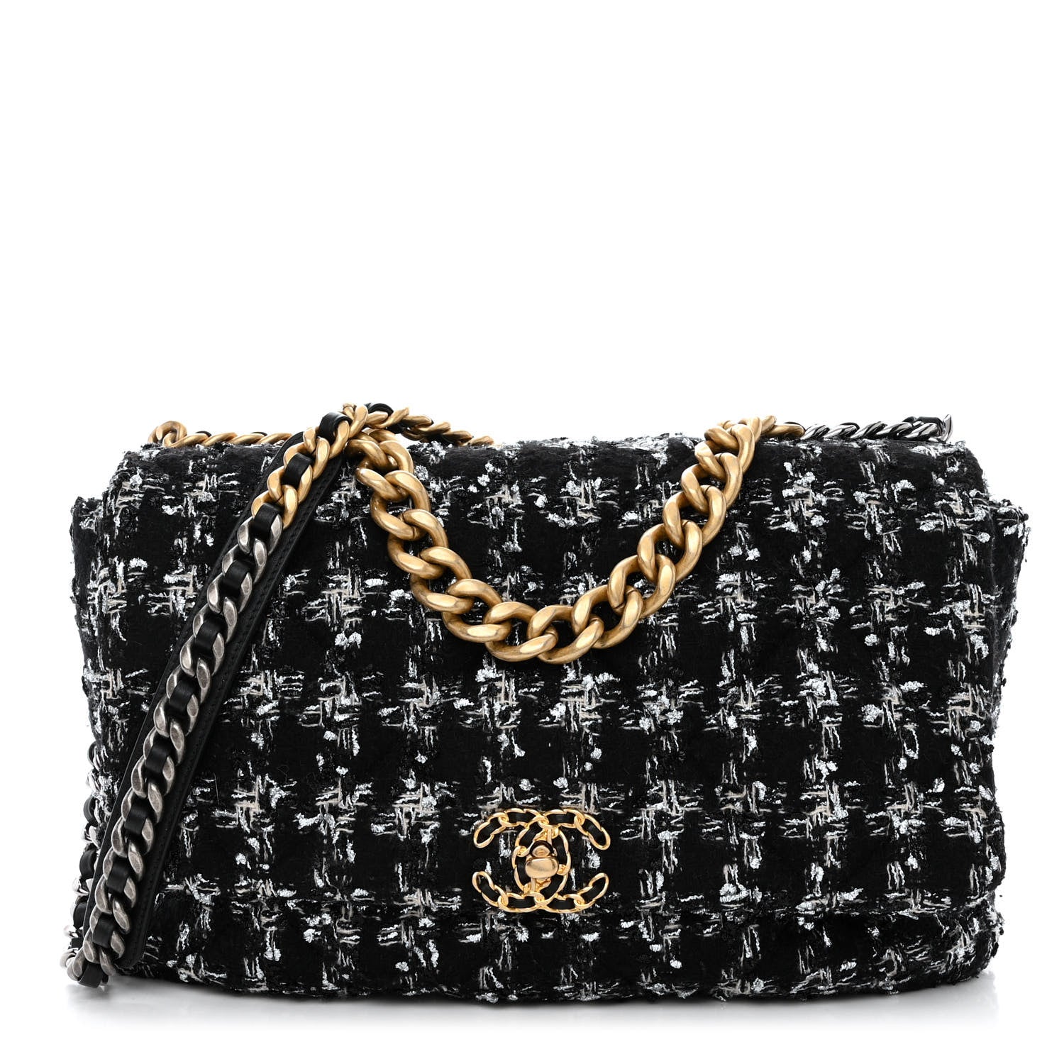 Tweed Quilted Maxi CHNL 19 Flap Black Silver Ecru